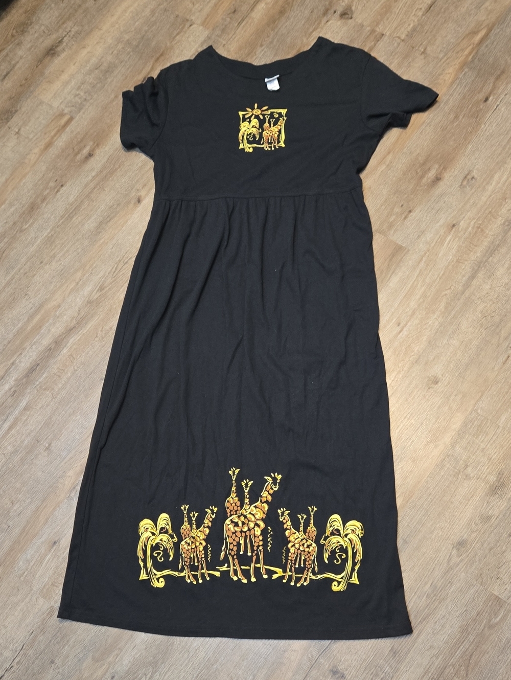 Vintage 90s Black Dress Yellow Giraffe Motif
